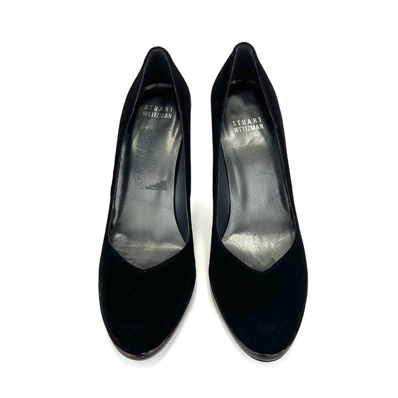 Stuart Weitzman Black Stiletto Heel Pump Sz 7 Suede Almond Toe Mini Platform New - Picture 12 of 14